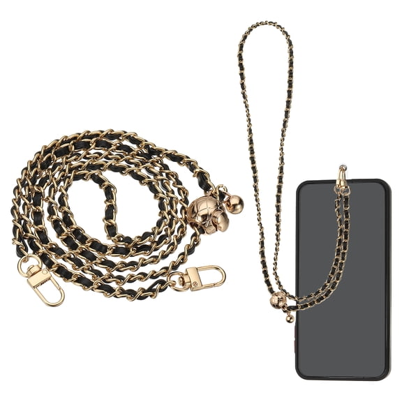 Phone Lanyard, 47 Inch Adjustable Crossbody Cellphone Gold Chain with Tether Tabs, Anti-Theft Metal Pearl Neck Strap for Smartphones, Black