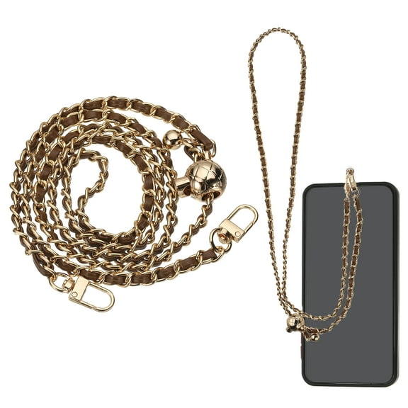 Phone Lanyard, 47 Inch Adjustable Crossbody Cellphone Gold Chain with Tether Tabs, Anti-Theft Metal Pearl Neck Strap for Smartphones, Coffee