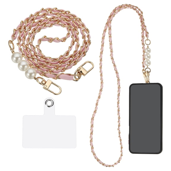 Phone Lanyard, 47 Inch Crossbody Cellphone Chain with Tether Tabs, Anti-Theft Metal Pearl Neck Strap for Smartphones, Pink
