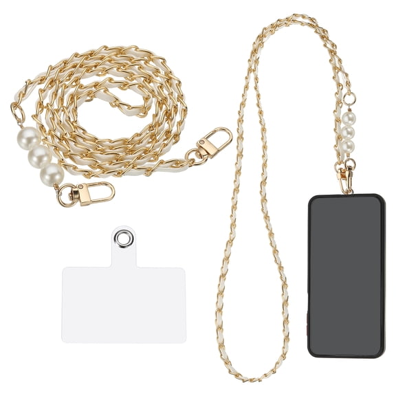 Phone Lanyard, 47 Inch Crossbody Cellphone Chain with Tether Tabs, Anti-Theft Metal Pearl Neck Strap for Smartphones, White