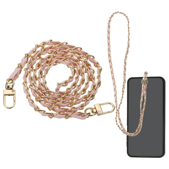 Phone Lanyard, 47 Inch Crossbody Cellphone Gold Chain with Tether Tabs, Anti-Theft Metal Pearl Neck Strap for Smartphones, Pink