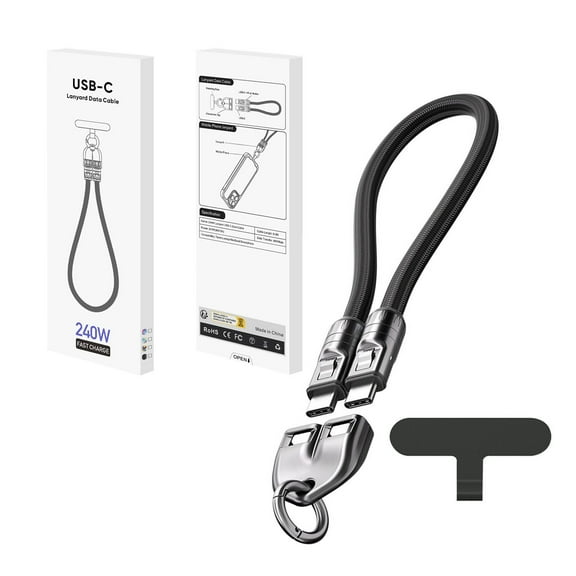 Phone Lanyard Charger Cable USB C Cable, PD240W USB C to USB C Cables, Phone Wrist Strap, Anti Theft Phone Strap, Wrist Lanyard for iPhone/Samsung/Android Phones(Black/0.98ft)