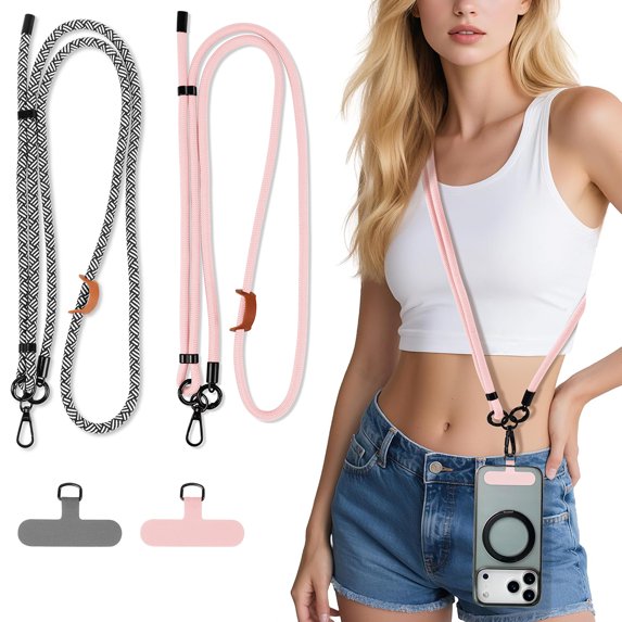 Phone Lanyard Crossbody, 2 Pack Adjustable Cell Phone Neck Strap 7mm with 2 Pcs Durable Tether Tabs, Tekcoo Anti Theft Universal Phone Lanyard for iPhone Android Smartphones ( Zebra Pattern, Pink)