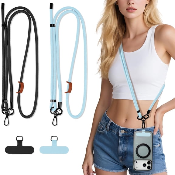 Phone Lanyard Crossbody, 2 Pack Adjustable Cell Phone Neck Strap 7mm with 2 Pcs Durable Tether Tabs, Tekcoo Anti Theft Universal Phone Lanyard for iPhone Android Smartphones (Black, Blue)