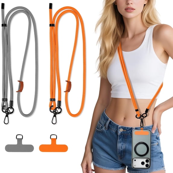 Phone Lanyard Crossbody, 2 Pack Adjustable Cell Phone Neck Strap 7mm with 2 Pcs Durable Tether Tabs, Tekcoo Anti Theft Universal Phone Lanyard for iPhone Android Smartphones (Gray, Orange)