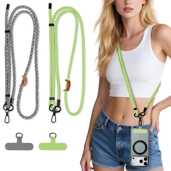 Phone Lanyard Crossbody, 2 Pack Adjustable Cell Phone Neck Strap 7mm with 2 Pcs Durable Tether Tabs, Tekcoo Anti Theft Universal Phone Lanyard for iPhone Android Smartphones ( Zebra Pattern, Green)