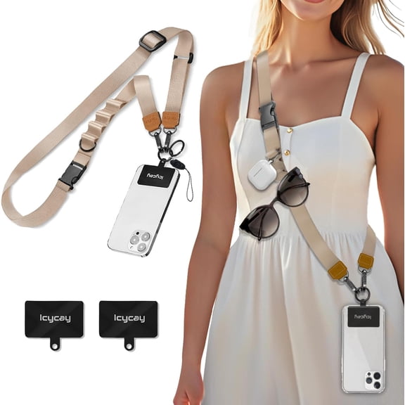 Phone Lanyard Crossbody, Champagne Gold Cell Phone Strap for Around The Neck Adjustable, Anti Theft Cute Lanyard for iPhone Case ID Holder Keys Accessories Travel Essential