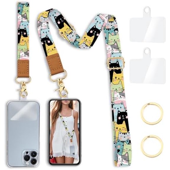 Phone Lanyard Crossbody Strap, Cute Cat Cell Phone Lanyards for around the Neck Wristlet Wrist Strap Adjustable for Keys Case ID Badges Accessories Travel Essentials