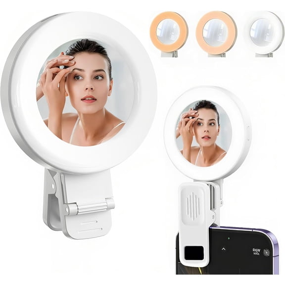 Phone Light, Clip-On Selfie Light with Mirror, Adjusted 3 Lighting Modes, 2 Level Light Brightness, Portable Ring Light for Makeup, Selfie, Video Conference, TikTok, Vlog