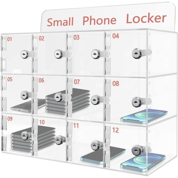 Phone Locker, 12-Slot Clear Cell Phone Locker Box, Desktop & Wall-Mounted Acrylic Cell Phones Storage Cabinet with Door Locks and Keys for Classroom Office Employees