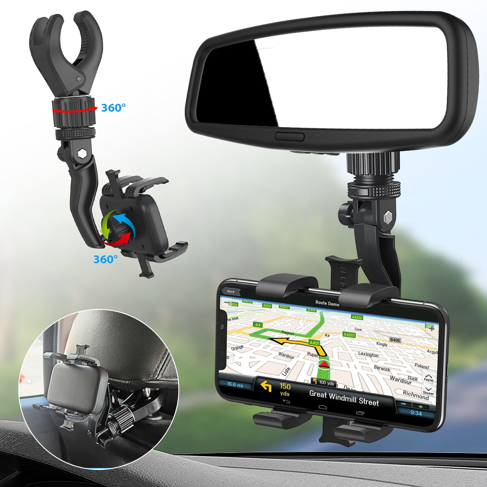 Phone Mount for Car, TSV Cell Phones Holder for Car Rearview Mirror, 360  Degree Rotatable Universal Adjustable Back Seat Stand Bracket Compatible  with iPhone 13 12 Mini 11 Pro Max, Galaxy S21+ 