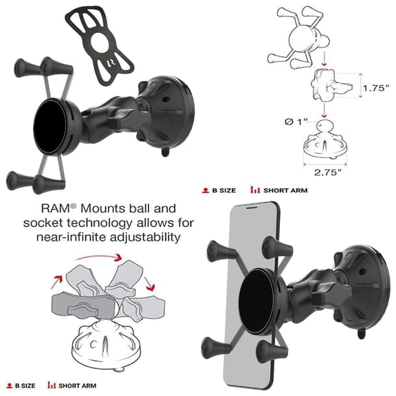 Phone Mount with Twist-Lock Low Profile Suction Base with Short Arm for Vehicle Windshields