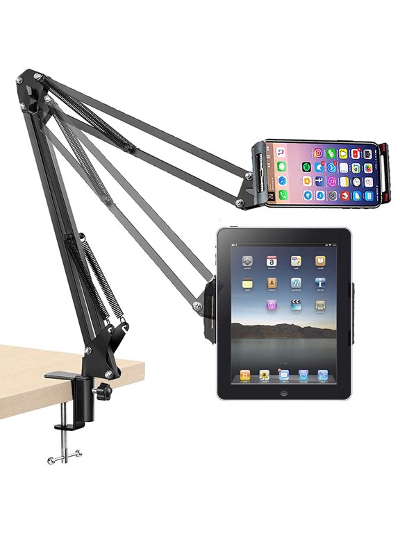 Phone Overhead Video Stand Articulating Arm Phone Mount Overhead Table Top Mount Flexible 360° Rotation Cell Phone Clip Holder for Streaming Phone Baking Crafting Videos Cooking