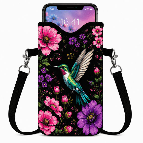 Phone Pouch Crossbody Phone Bag, Hummingbird Floral Pattern, Neoprene Cell Phone Case with Adjustable Strap