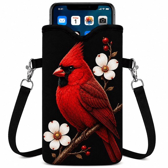 Phone Pouch Crossbody Phone Bag with Adjustable Strap, Cardinal Bird Design, Universal Phone Bag