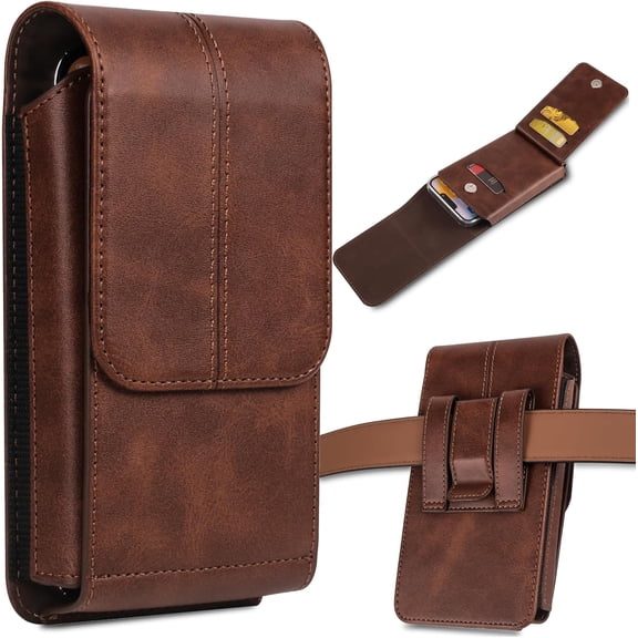 Phone Pouch Leather Belt Holster Case with Card Holder, Compatible with iPhone 15 Pro Max, 15 Plus,14 Pro Max, 14 Plus, 13 Pro Max, 12 Pro Max, 11 Pro Max, XS Max, Brown