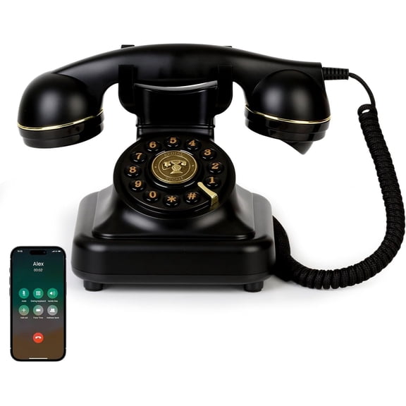 Phone, Retro Desk Telephone with Accents, Loud Nostalgic Ringtones, Connects to Smartphone for & Office, Black