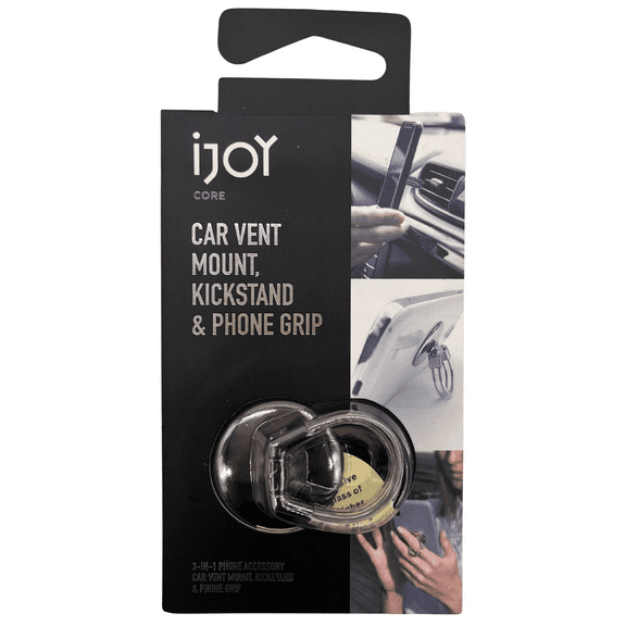 Phone Ring Vent Mount Grip and Kickstand, Secure Grip, Hands Free Stand, Car Vent Mount, Multi Use Accessory for Phones, Sleek Design, Easy Viewing, Clip Strip Packaging Included, Gray Silver