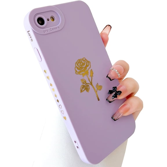 Phone SE Case 2022/2020,iPhone 8 Case,iPhone 7 Case 4.7",Cute Plated Rose Gold Flower with Anti-Fall Lens Cover Shell,Soft TPU Shockproof Phone Protection Cases for Women Girls Men,Purple