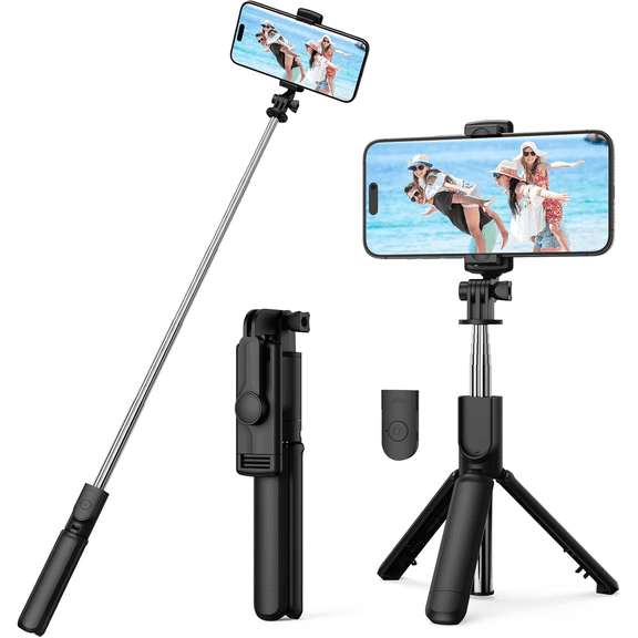 Phone Selfie Stick Tripod with Remote, Portable, Lightweight for Video Recording Vlog, Extendable Travel Tripod Stand Compatible with Android, iPhone and More, for Gift, Black