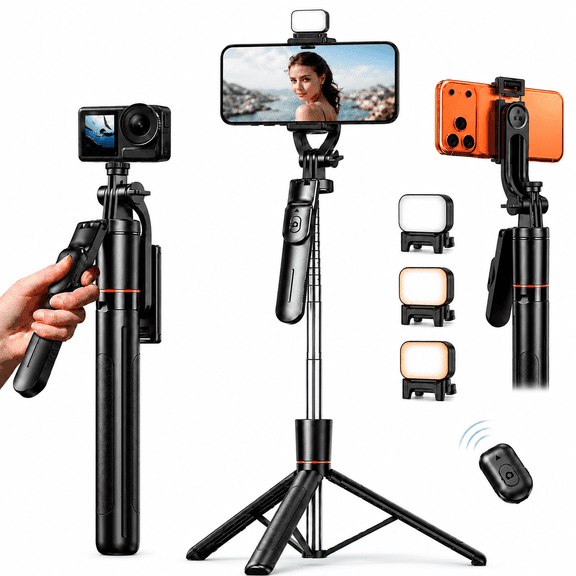 Tripod for iPhone, 67" Extendable Portable Phone Tripod Stand with Light, 360° Rotating Selfie Stick with Rechargeable Remote for Android, Camera, GoPro and TikTok Vlogging