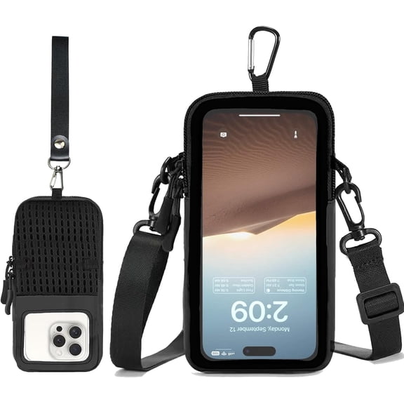 Phone Sleeve Pouch Case with Adjustable Crossbody Lanyard and Wrist Strap, Touchscreen-Friendly Clear Cell Purse Bag, CellPhone Holster Carabiner for Men Women (Clear Black- B)