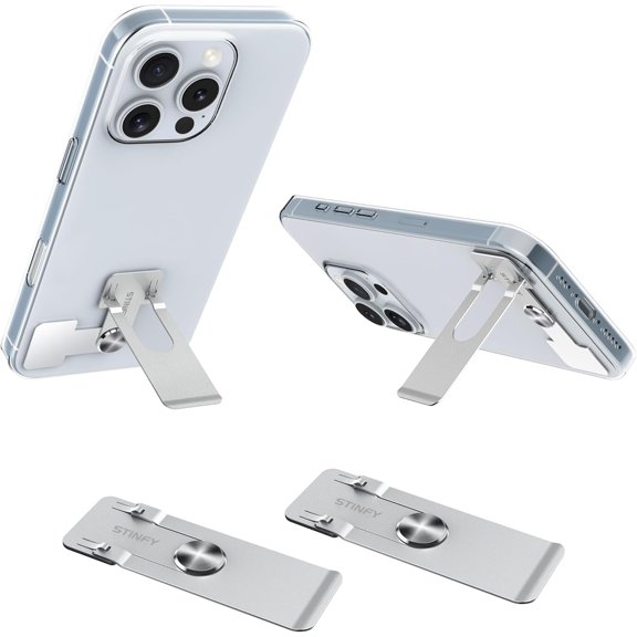 Phone Slim Stand Ultra Thin Kickstand, Unnoticeable Universal Vertical Horizontal Steel Metal Stable Mount Attachable Pocket Friendly Phone Holder for iPhone Samsung Phone Case (Sliver 2-Pack)
