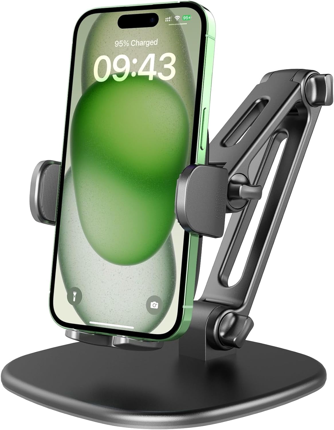 Phone Stand for Desk [No Dropping Stable Triple-Clamp Holder] Adjustable Height 360 Degree Rotation Heavy Base Thick Case Friendly, Multifunctional Cell Phones iPhone Android