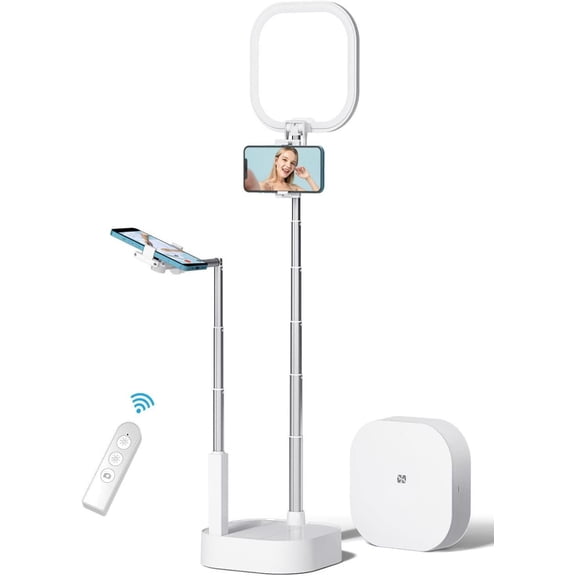 Phone Stand for Recording, Overhead 360? Rotation with Two Phone Holders, Content Creator Kit, Rechargeable Adjust Foldable 15 Brightness LED Light for Live Streaming/YouTube/Video Recording