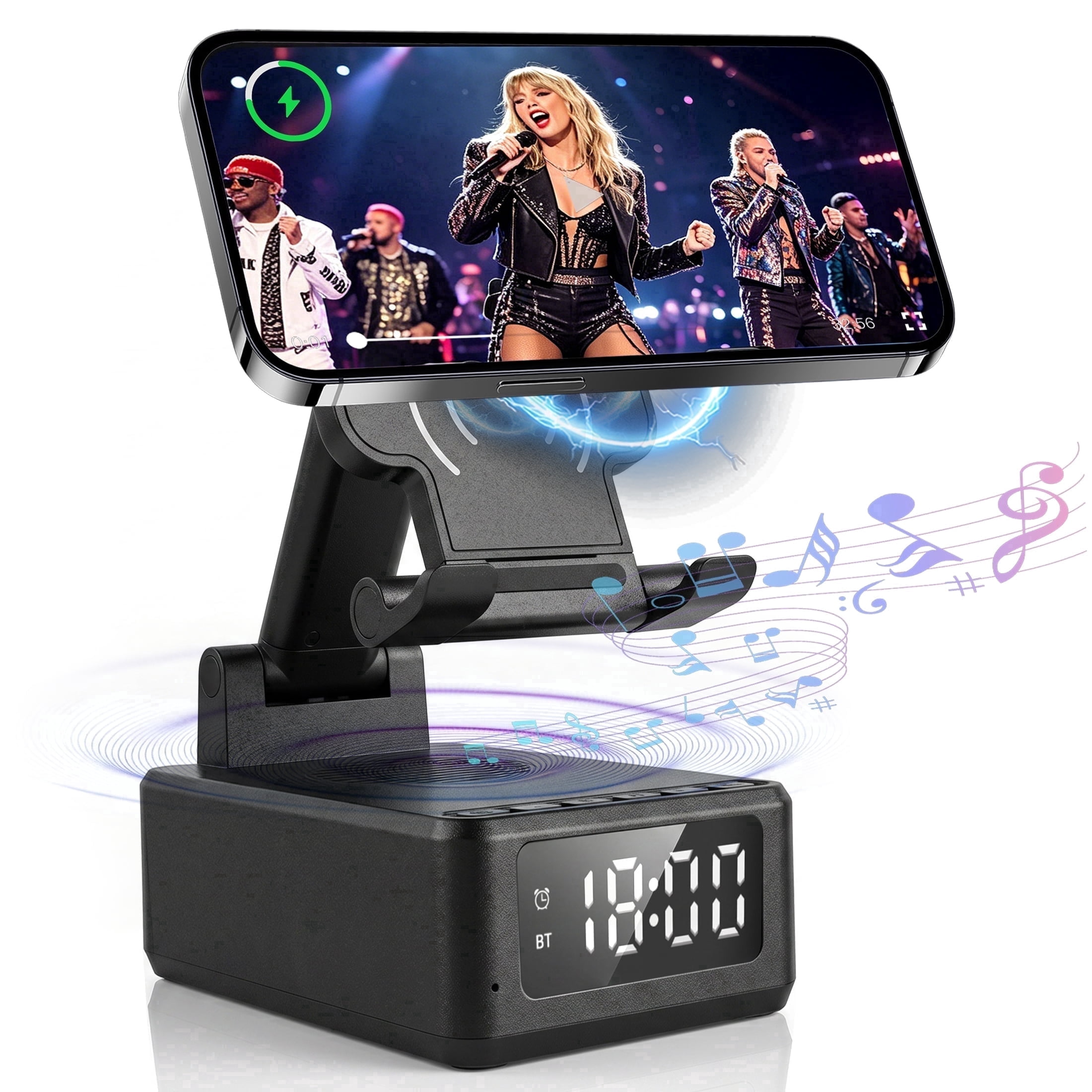 Phone Stand with Bluetooth Speaker, 5 in 1 Wireless Charger & Digital Alarm Clock, Foldable Cell Phone Holder with HD Stereo Sound for iPhone Android