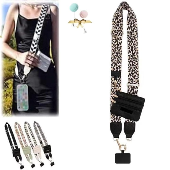 Phone Strap with Zippered Pouch, Clip and Go Strap for Phone with Wallet Crossbody, Cross Body Phone String with Zipper Wallet Pouch, Adjustable Phone Strap Crossbody (Champagne)