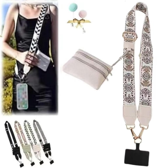 Phone Strap with Zippered Pouch, Clip and Go Strap for Phone with Wallet Crossbody, Cross Body Phone String with Zipper Wallet Pouch, Adjustable Phone Strap Crossbody (Champagne)