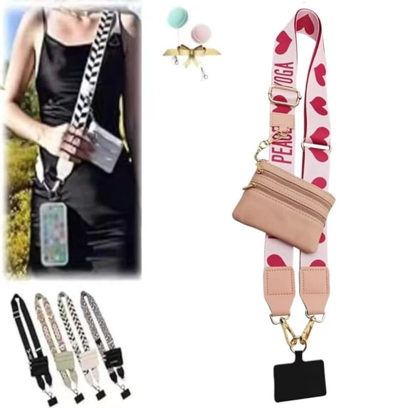 Phone Strap with Zippered Pouch, Clip and Go Strap for Phone with Wallet Crossbody, Cross Body Phone String with Zipper Wallet Pouch, Adjustable Phone Strap Crossbody (Champagne)