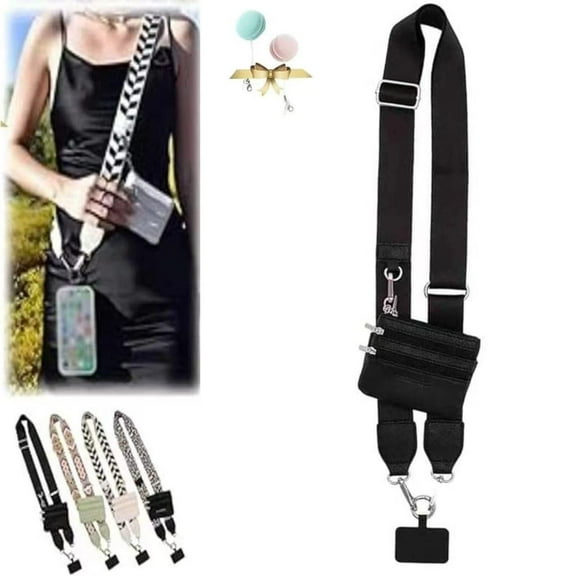 Phone Strap with Zippered Pouch, Clip and Go Strap for Phone with Wallet Crossbody, Cross Body Phone String with Zipper Wallet Pouch, Adjustable Phone Strap Crossbody (Champagne)