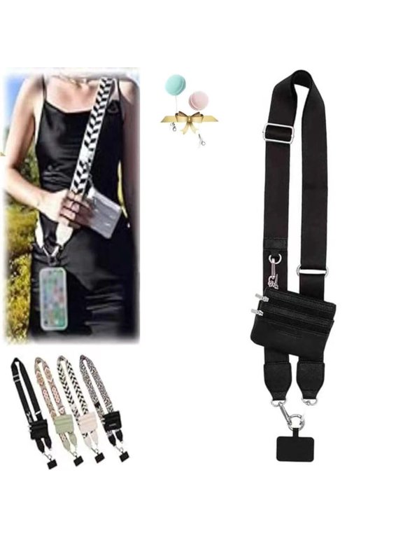 Phone Strap with Zippered Pouch, Clip and Go Strap for Phone with Wallet Crossbody, Cross Body Phone String with Zipper Wallet Pouch, Adjustable Phone Strap Crossbody (Champagne)