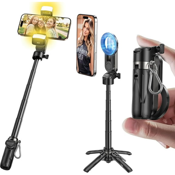 Phone Tripod with 2 Selfie Light, Portable Pocket Size Selfie Stick for iPhone Magsafe, Selfie Stick with Detachable Remote Control for Photograph, Live Streaming, Video Recording