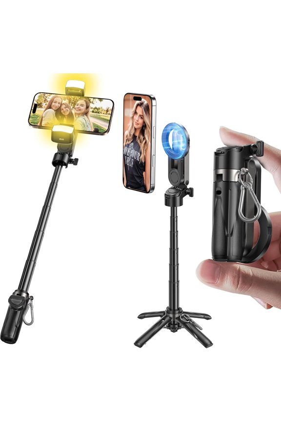 Phone Tripod with 2 Selfie Light, Portable Pocket Size Selfie Stick for iPhone Magsafe, Selfie Stick with Detachable Remote Control for Photograph, Live Streaming, Video Recording