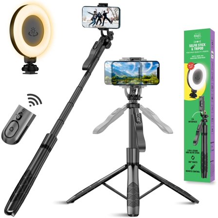 Phone Tripod 62" Selfie Stick for iPhone with Remote and 3W LED Light, Universal Mount, Phone Stand for Recording & Streaming, Tripod for iPhone & Android Phone & Gopro