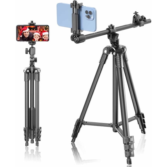 Phone Tripod, 67-inch Horizontal Stand with 360 Adjustable Ball Head and Wireless Remote for Camera/iPhone/Webcam, Tripod Video Recording Extended Arm/Clip Mount/Carry Bag