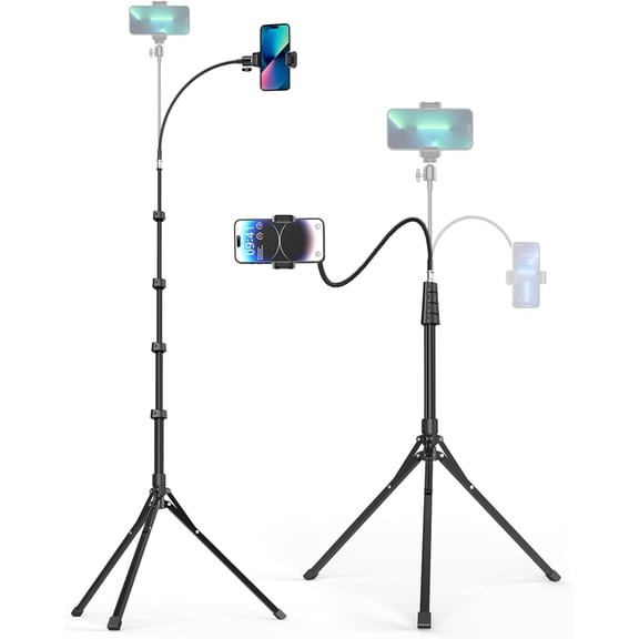 Phone Tripod, 92" Cell Phone Stand with 15" Gooseneck, Remote and Phone Holder, Overhead & Selfie Stick for Recording/Watching/Vlog, Compatible with iPhone Android