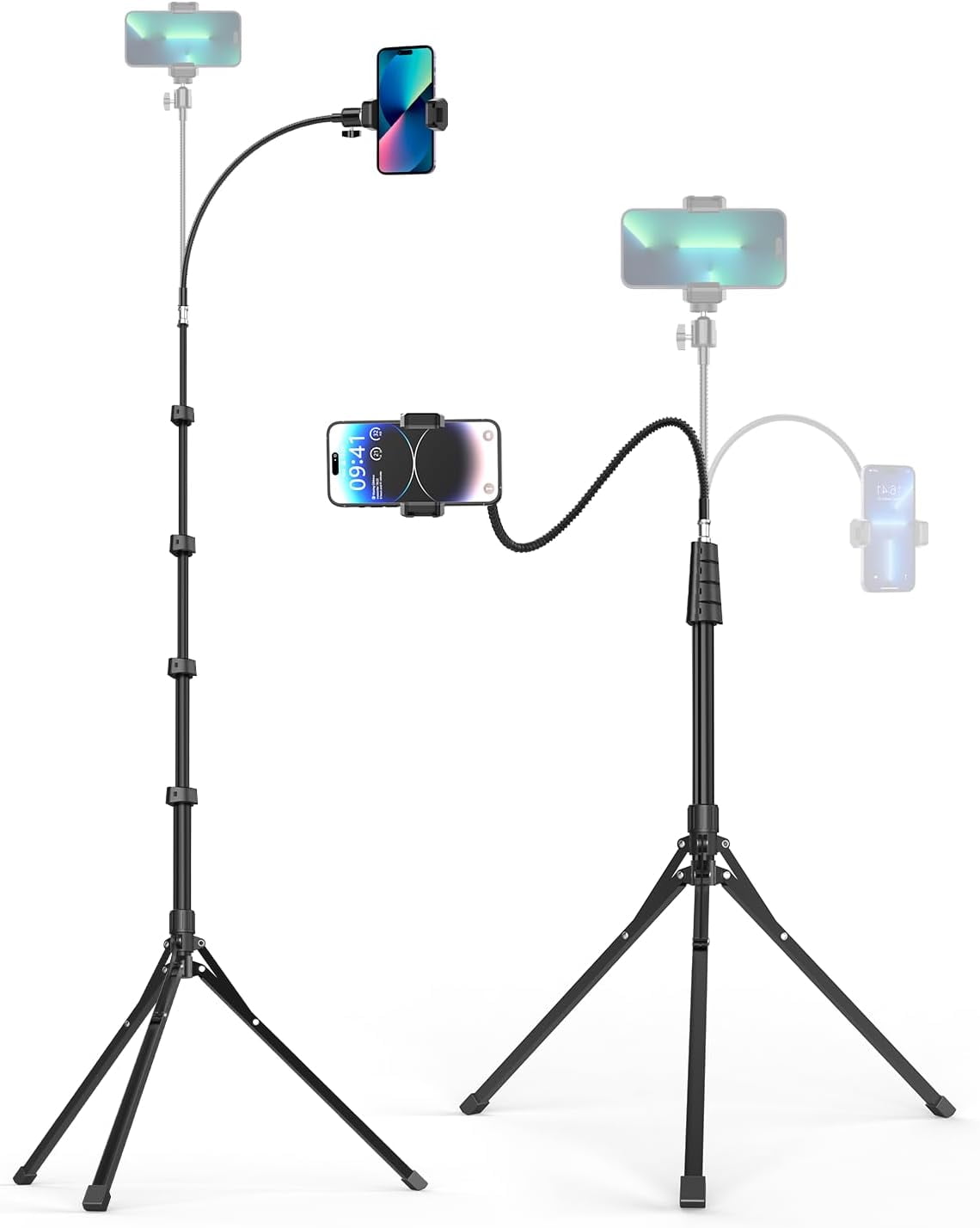 Phone Tripod, 92" Cell Stand with 15" Gooseneck, Remote and Holder, Overhead & Selfie Stick for Recording/Watching/Vlog, Compatible iPhone Android