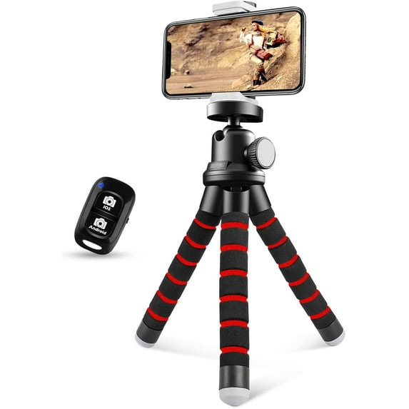 Phone Tripod, Flexible Cell Phone Tripod with Phone Holder and Wireless Remote, Mini Travel Tripod Stand, Compatible with All Cell Phones, Cameras (Red)