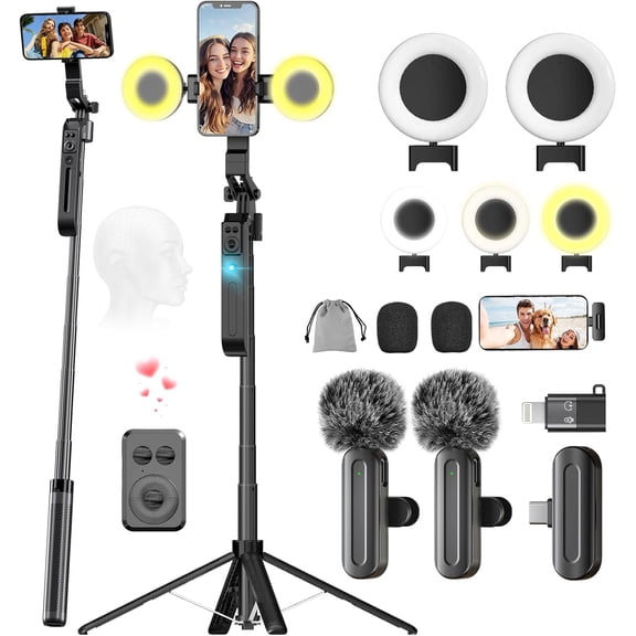 Phone Tripod with Light, 2 Pack Lavalier Mic, 71" Extendable Auto Face Tracking 360 Rotation, 1/4" Camera Mount & Remote, No App Needed, Vlogging Kit for iPhone Android YouTube TikTok Live Streaming