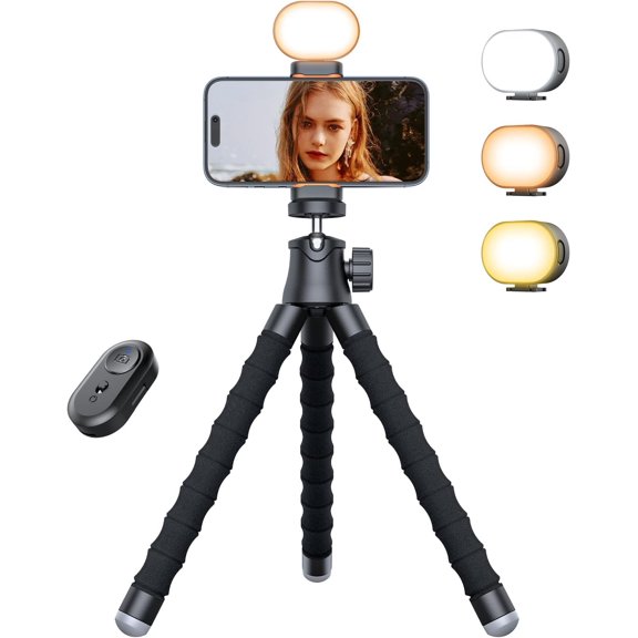 Phone Tripod with Light, Portable and Flexible Phone Stand for Video Recording with Remote, 360? Rotating Tabletop & Travel Tripods for , Smartphones, Camera