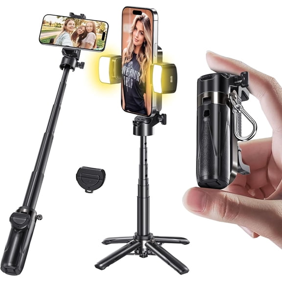 Phone Tripod, Portable Selfie Stick, Pocket Size Tripod for iPhone, Selfie Stick with Detachable Remote Control & 2 Fill Light for Photograph, Live Streaming, Video Recording