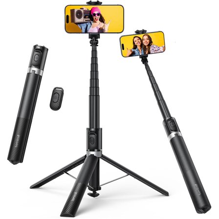 Phone Tripod & Selfie Stick - [Tap-to-Open] Phone Stand for Recording, Extendable iPhone Tripod Stand with Remote & Cold Shoe Compatible with iPhone for Video Recording Live Stream Vlog Black