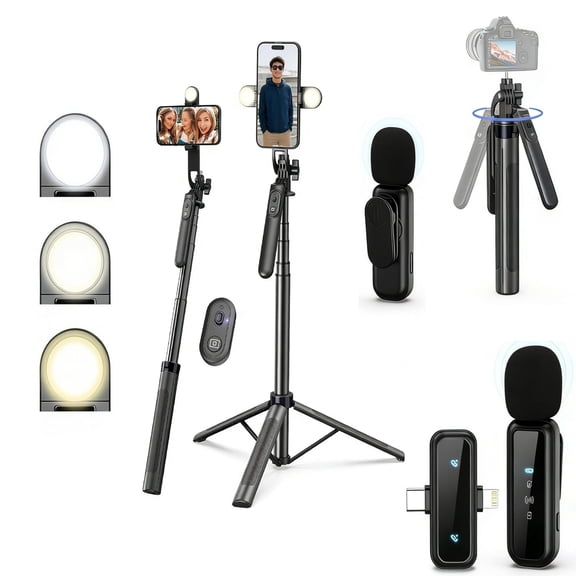Vlogging Kit for iPhone/Android, 71" Selfie Stick Tripod for iPhone with Light, Wireless Remote & Microphone, Adjustable Phone Tripod for TikTok/YouTube Starter Content Creator Essentials Kit