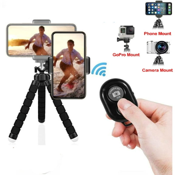 Phone Tripod Universal Mount for iPhone, Samsung phones, Smartphones with Bluetooth Remote Shutter, GoPro Mount - Phone Selfie Stick Stand
