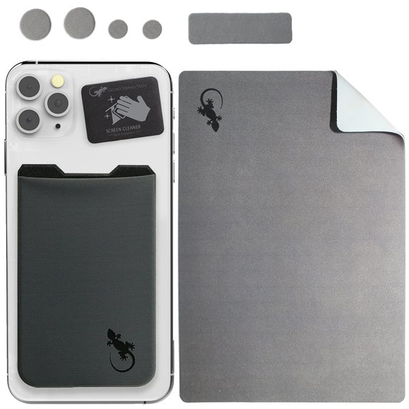 Phone Wallet - Adhesive Mouse Pad - 2 Products together - Phone Wallet, Mouse Pad, Phone Stand, Webcam Covers, & Microfiber Screen cleaners - Universal fit to all phones & laptops (GRAY BLACK)