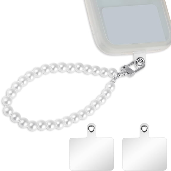 Phone Wrist Lanyard, Phone Charm Lanyard White Hand Wristlet Strap Beaded Phone Charm String Cellphone Wrist Strap Lanyard with 2 Patch for Women Girls Mobile Phone Wallet Camera